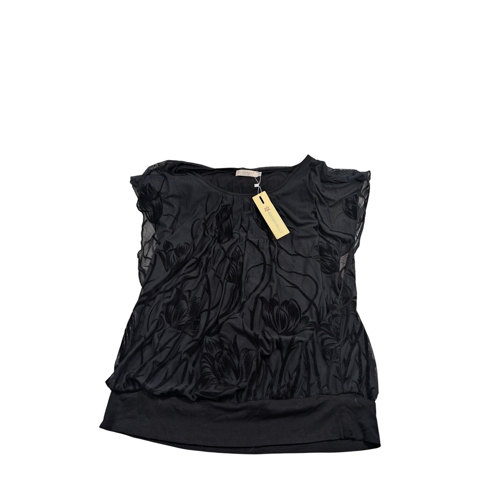 BaiShengGT Women Floral Mesh Burnout Top L Black